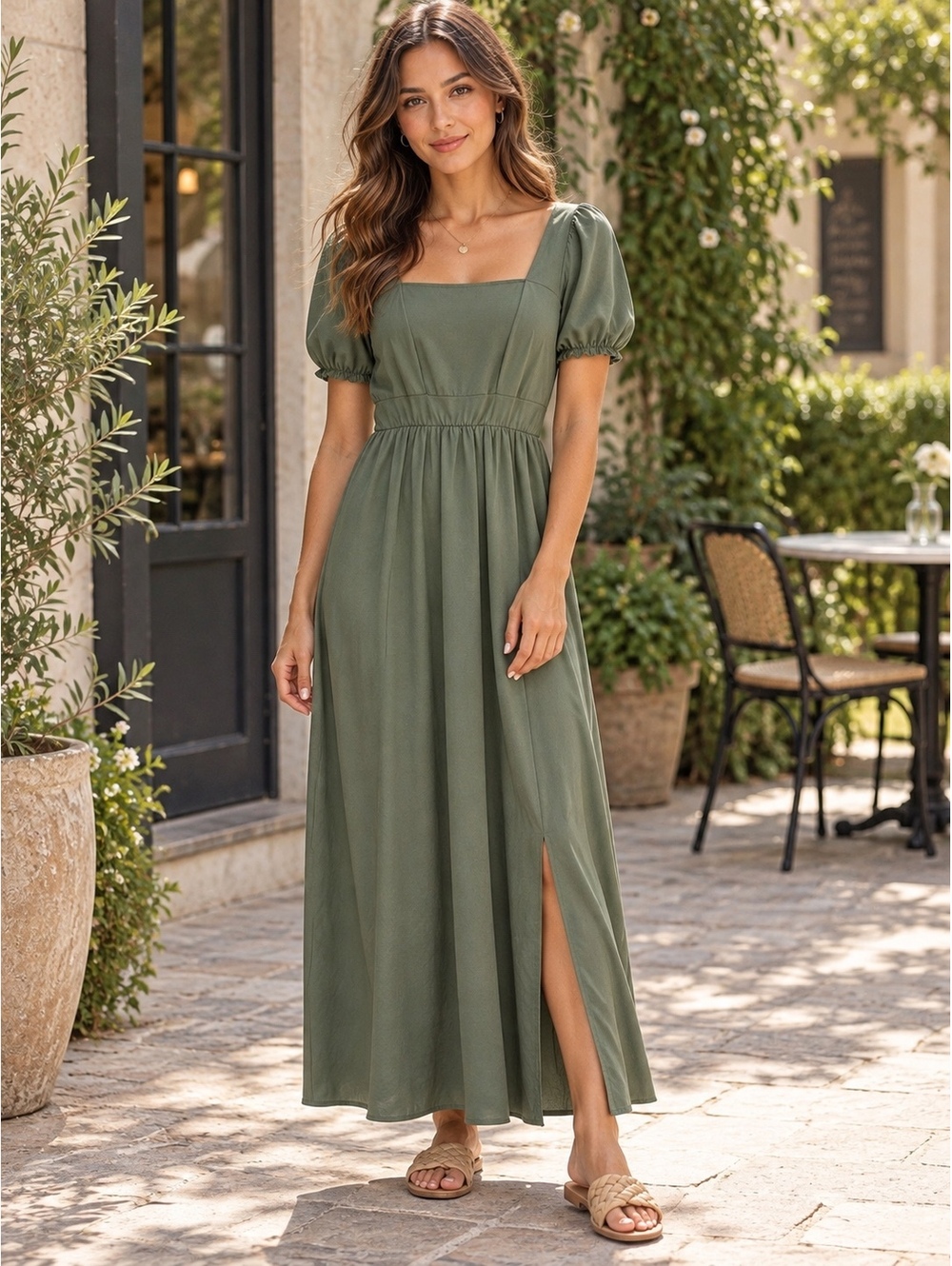 Heart & Moon Olive Green Puff Sleeve Maxi Dress